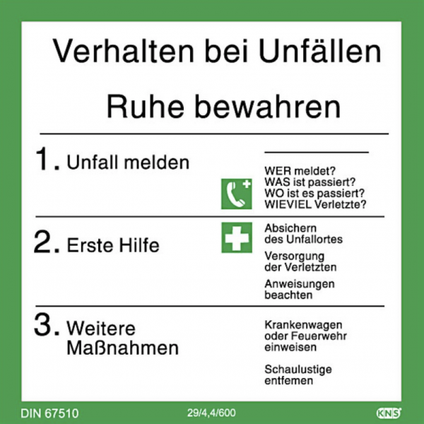 Aufkleber Verhalten bei Unfällen Schild Aushang ISO 7010 ASR